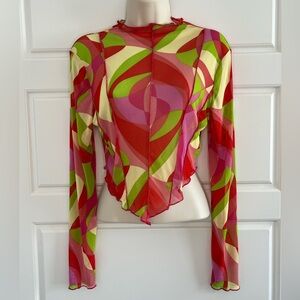 Y2K Pucci Inspired Sheer Mesh Vibrant Psychedelic Print Top Shirt Crop Size M
